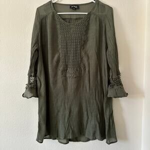 Cal Style Womens Peasant Top Size XL Boho Cottagecore Crochet 3/4 Sleeve Tunic